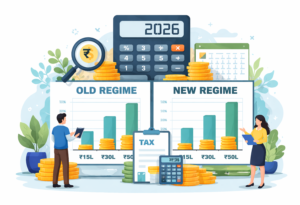 A visual comparison of India’s income tax calculation for 2026, illustrating how tax liability differs under the old and new tax regimes for annual incomes of ₹15 lakh, ₹30 lakh, and ₹50 lakh.