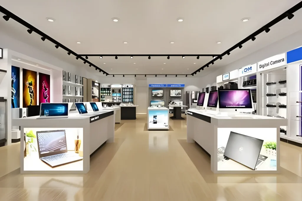 Modern electronics store interior showcasing laptops, desktops, and accessories on display tables, representing choices for students buying laptops in India 2026