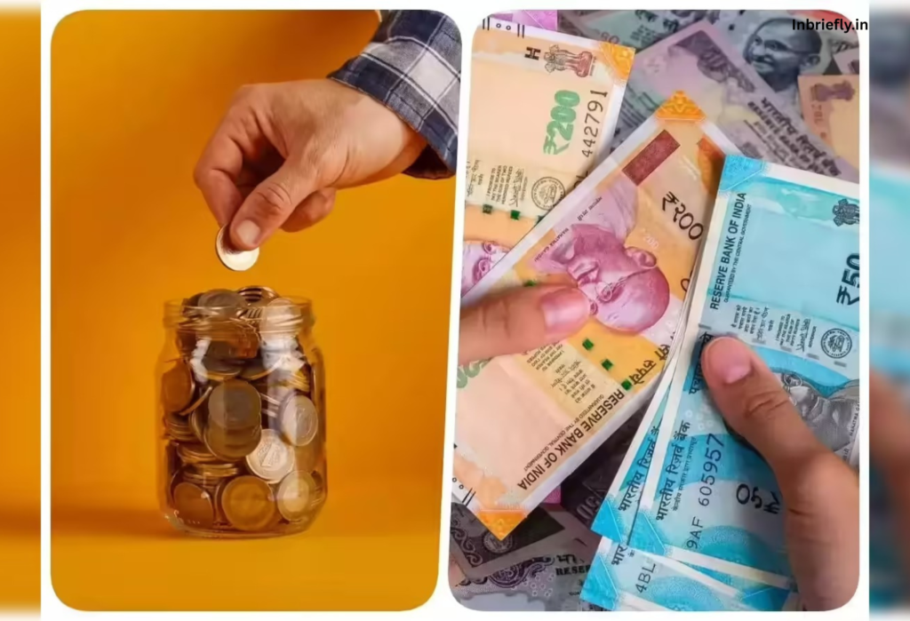 Saving money concept with coins in jar and Indian currency notes