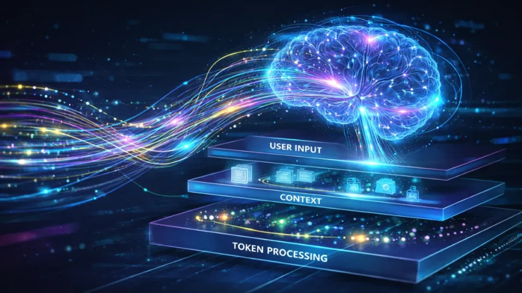 A conceptual 3D illustration of LLM engineering concepts showing a digital brain connected to layers of User Input, Context, and Token Processing with glowing data streams.