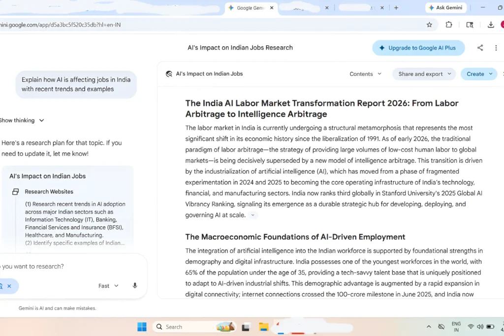 Real image showing query on Google Gemini Explain how AI is affecting jobs in India with recent trends and examples