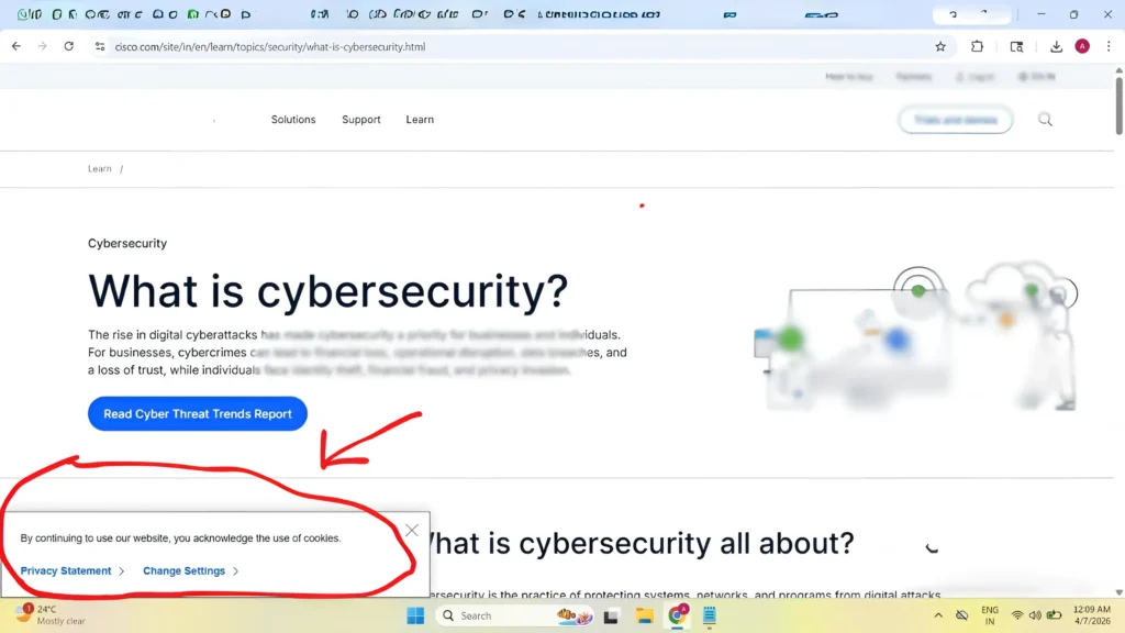A website banner showing passive cookie consent text "By continuing to use our website, you acknowledge the use of cookies," which is non-compliant with India's DPDP Act.
