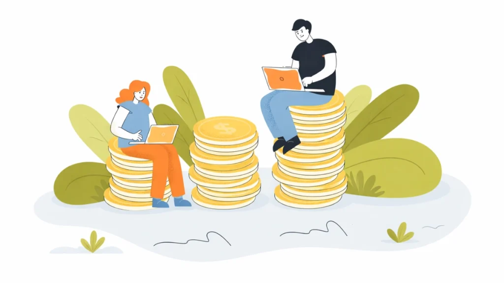 Illustration of a man and woman working on laptops while sitting on stacks of gold coins, representing high-income skills 2026 and financial growth.