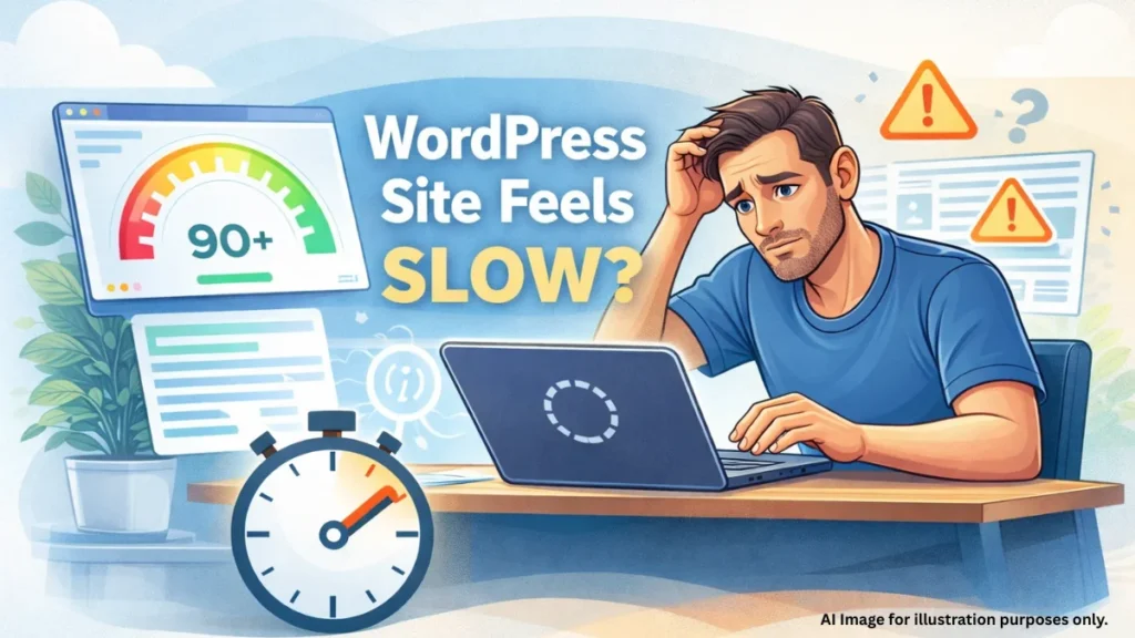 Illustration of a frustrated man using a laptop with a 90+ PageSpeed score meter, representing a slow WordPress website despite high performance score.