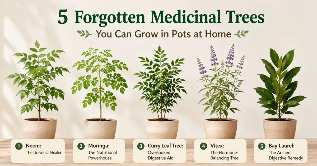 Potted neem, moringa, curry leaf, vitex, and bay laurel medicinal trees displayed in a clean featured blog image.