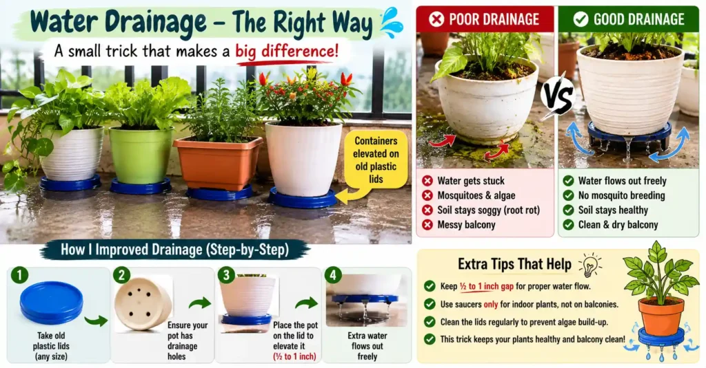 Infographic showing balcony plant pots elevated on old plastic lids to improve water drainage. The diagram explains how creating a small gap under containers allows excess water to flow out freely, preventing root rot, stagnant water, mosquitoes, and messy balcony floors. It includes comparison examples of poor drainage versus proper elevated drainage with labeled visual callouts.