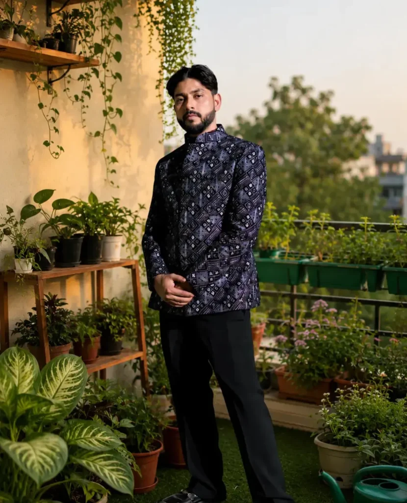 Portrait of Furkan standing in a green balcony garden surrounded by plants, representing gardening, sustainable living, and plant care expertise.