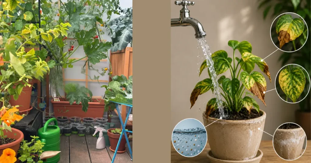 Indoor plant affected by hard water with brown leaf edges, yellowing leaves, and white mineral deposits caused by excess salts in tap water.