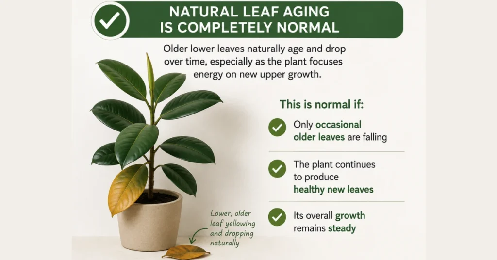 Rubber plant showing natural lower leaf aging and normal leaf drop indoors