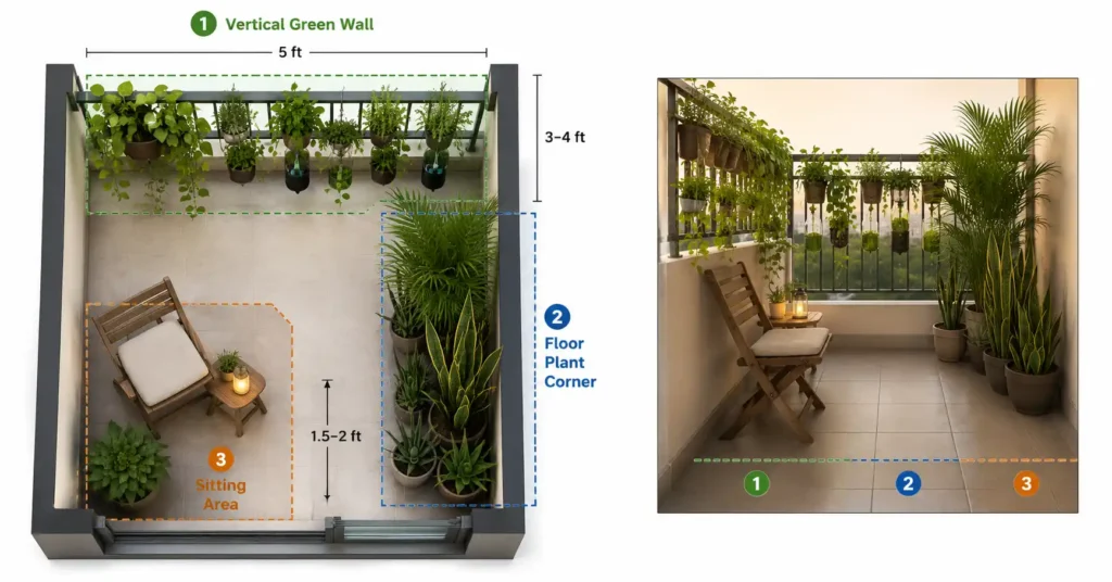 Balcony layout diagram showing a vertical plant wall, corner floor plants, and a small seating area with clear walking space.