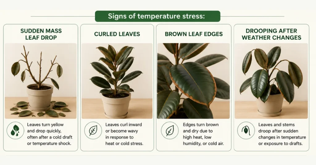 Common temperature stress signs in rubber plants including leaf drop, curling, and brown edges