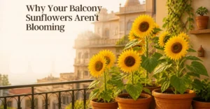 Several vibrant sunflowers blooming in terracotta pots on an Indian balcony overlooking city buildings, featuring text overlay "Why Your Balcony Sunflowers Aren't Blooming."