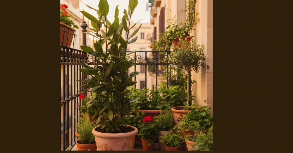 Healthy bay laurel plant (Laurus nobilis) growing in a terracotta pot on a balcony surrounded by container plants and flowers.