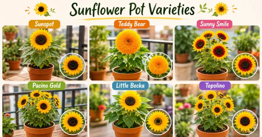 Six dwarf sunflower varieties for pots and containers.