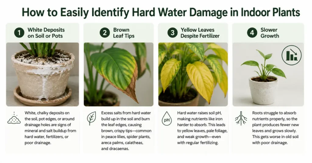 Infographic showing signs of hard water damage in indoor plants, including white mineral buildup on pots, brown crispy leaf tips, yellow leaves, and slow plant growth.