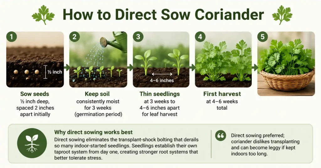 Step-by-step infographic showing how to direct sow coriander seeds, including seed depth, spacing, watering during germination, thinning seedlings, and first harvest timing.