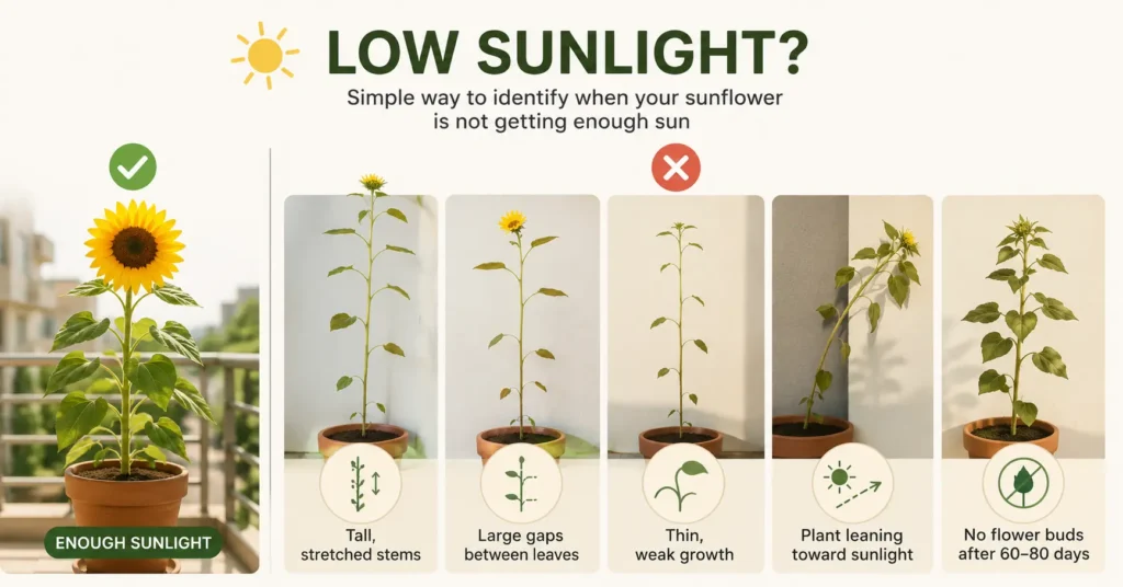 Infographic showing signs of insufficient sunlight in balcony sunflowers, including tall stretched stems, large gaps between leaves, weak growth, leaning toward light, and lack of flower buds.