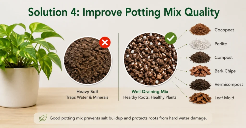 Comparison of heavy soil and well-draining potting mix for indoor plants, showing ingredients like cocopeat, perlite, compost, bark chips, vermicompost, and leaf mold to reduce hard water damage.