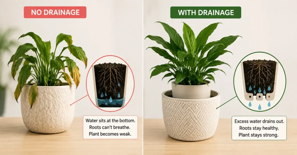 Simple diagram comparing an indoor plant in a pot without drainage and a healthy plant in a pot with drainage holes, showing how excess water drains out to protect roots and improve plant health.