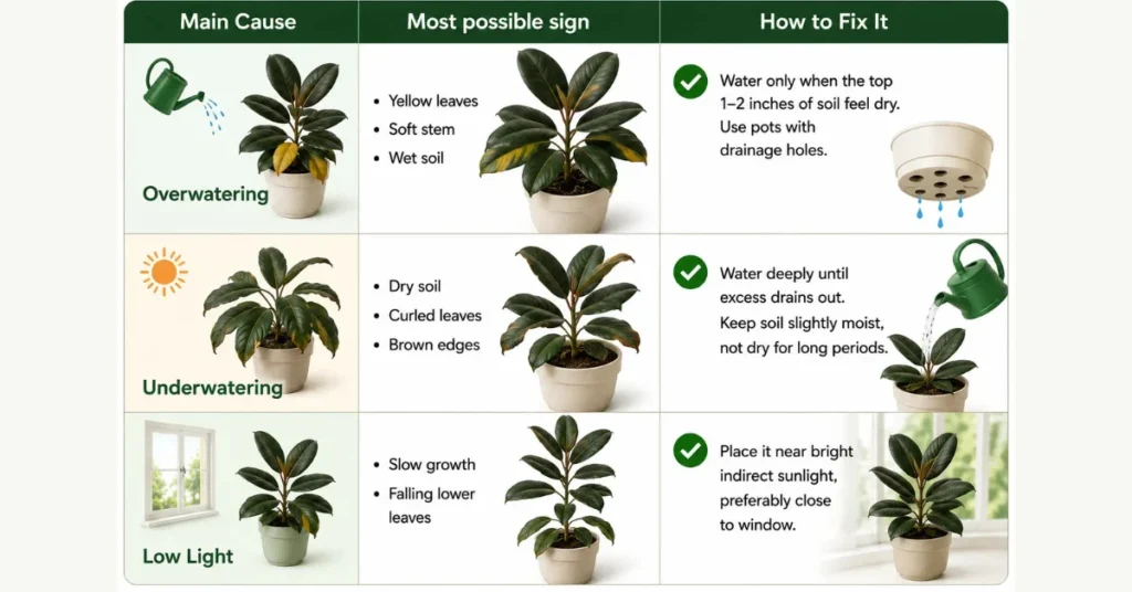 Rubber Plants care infographic showing common problems, warning signs, and simple fixes.