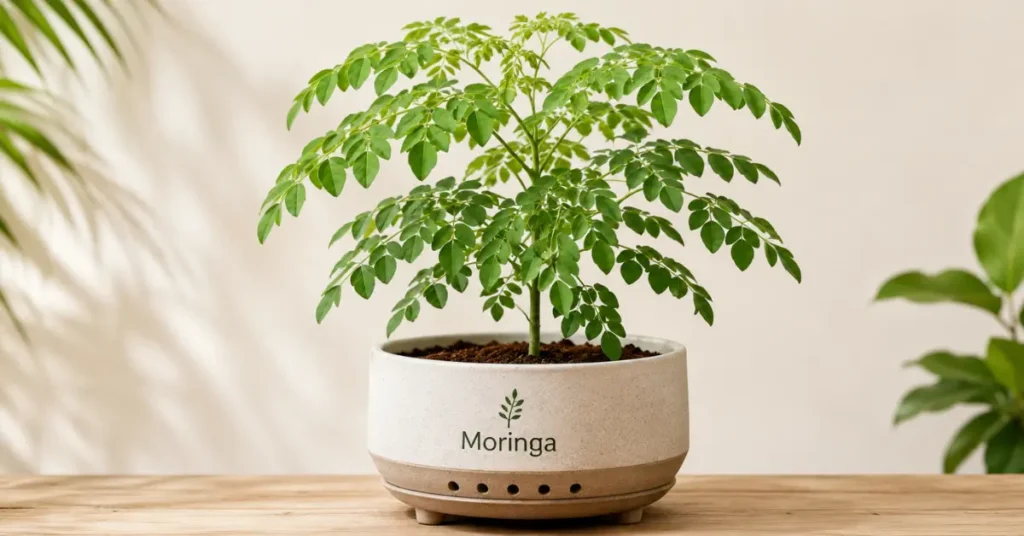 Moringa plant in a modern ceramic pot with drainage holes placed on a wooden table indoors.