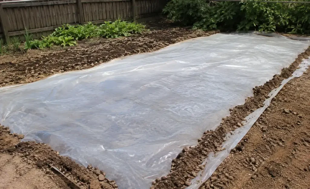 Raised garden beds covered with clear plastic during soil solarization to naturally control weeds, pests, and soil-borne diseases.