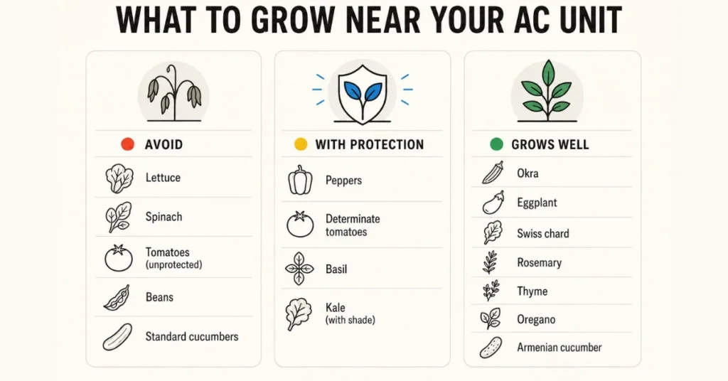 Plant guide showing which vegetables and herbs to grow near an AC outdoor unit based on heat and drought tolerance