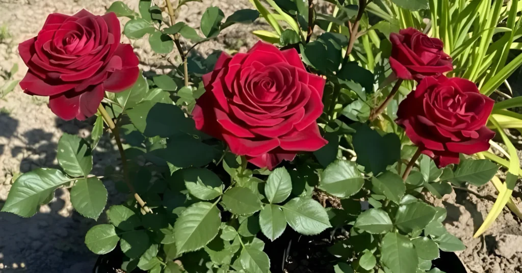 Rich dark red desi gulab roses blooming healthily with green leaves in a home balcony container.