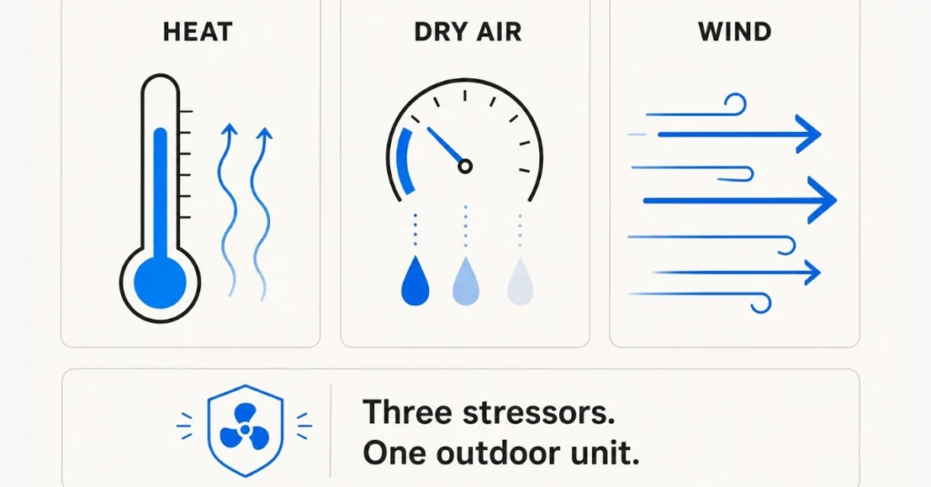 The three simultaneous stressors an AC outdoor unit creates for nearby plants extreme heat, dry air, and directional wind