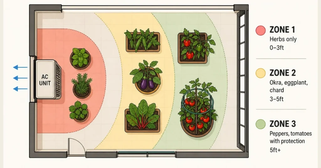 Top-down balcony plan showing three growing zones based on proximity to the AC outdoor unit