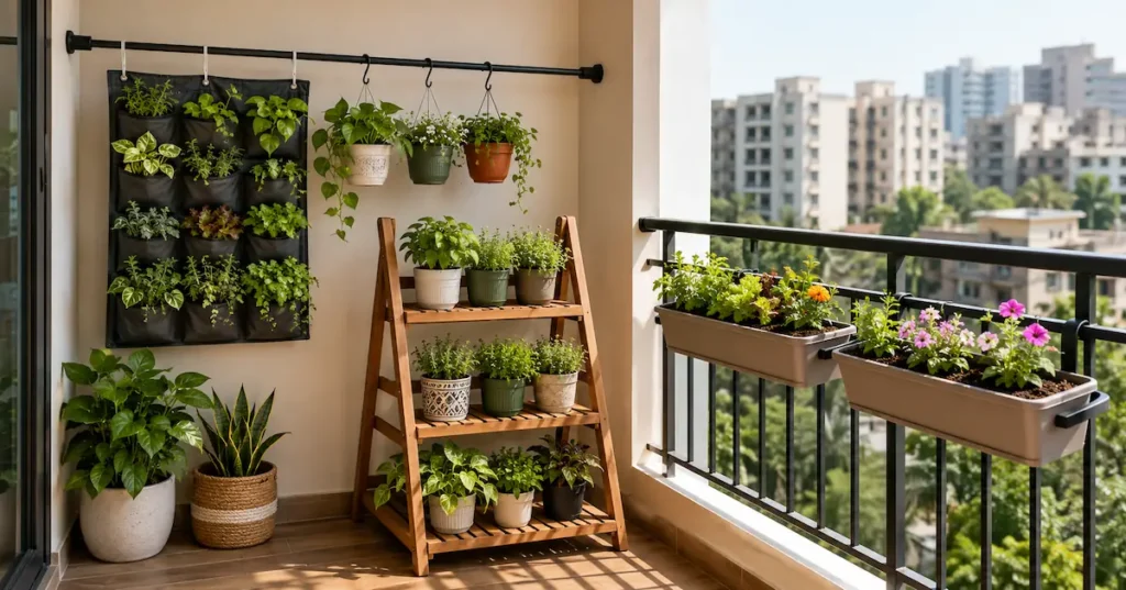 A sunny apartment balcony featuring renter-friendly vertical gardening setups, including a hanging pocket planter on a tension rod, a wooden tiered ladder plant stand, and over-the-rail planter boxes with blooming flowers.