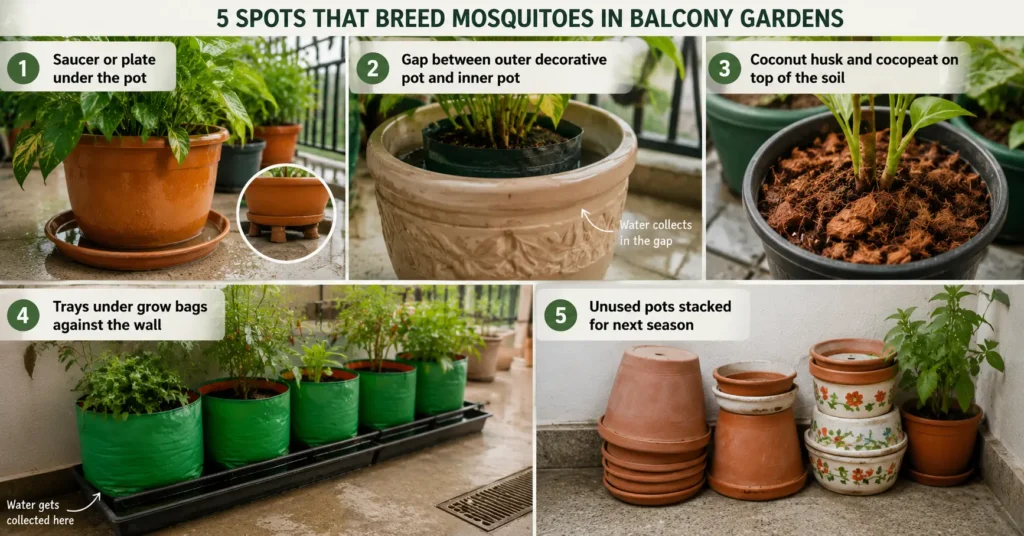 Five mosquito breeding spots in a balcony garden, including pot saucers, decorative pots, cocopeat, grow bag trays, and unused pots holding stagnant water.