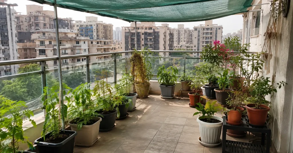 Urban balcony garden with potted plants protected by a shade net during hot summer weather