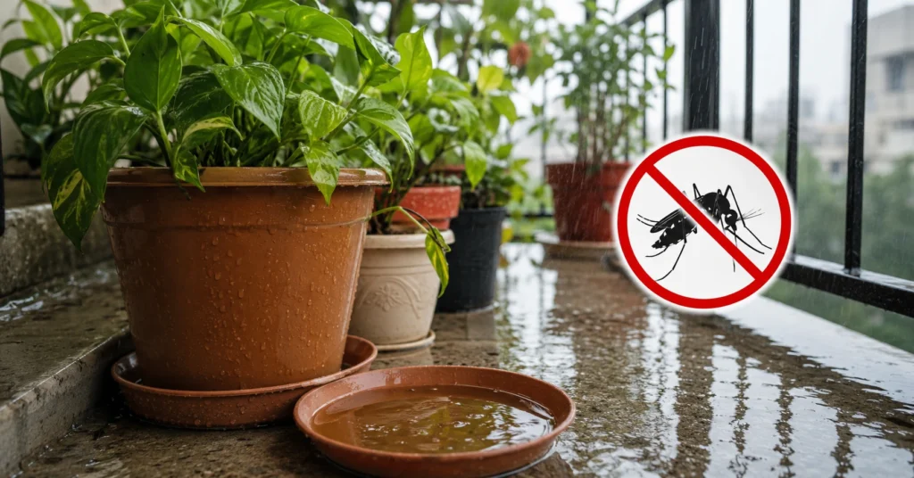 Stagnant water collecting in balcony saucers to prevent mosquito breeding in pots during monsoon season.