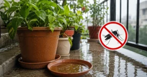 Stagnant water collecting in balcony saucers to prevent mosquito breeding in pots during monsoon season.