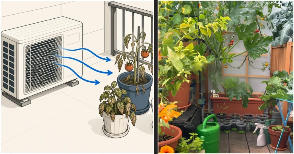 Illustration showing hot air from an air conditioner outdoor unit damaging potted vegetable plants beside it, next to a healthy balcony vegetable garden with tomatoes and other container-grown crops.