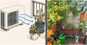 Illustration showing hot air from an air conditioner outdoor unit damaging potted vegetable plants beside it, next to a healthy balcony vegetable garden with tomatoes and other container-grown crops.