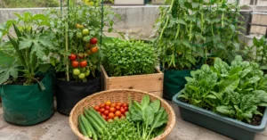 Container-grown vegetables including okra, cherry tomatoes, methi, cluster beans, and spinach in a productive Indian terrace garden.