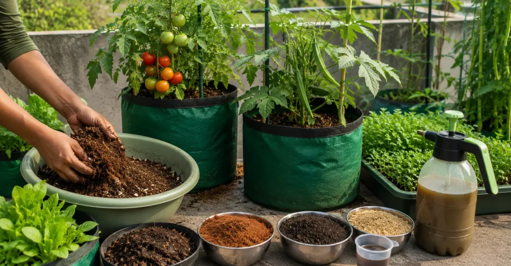 Container garden showing tomatoes, leafy greens, potting mix ingredients, and liquid fertilizer used to improve vegetable yields.