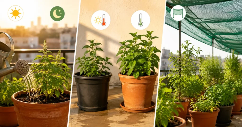 Herbs growing under a shade net in terracotta pots on a Delhi balcony.
