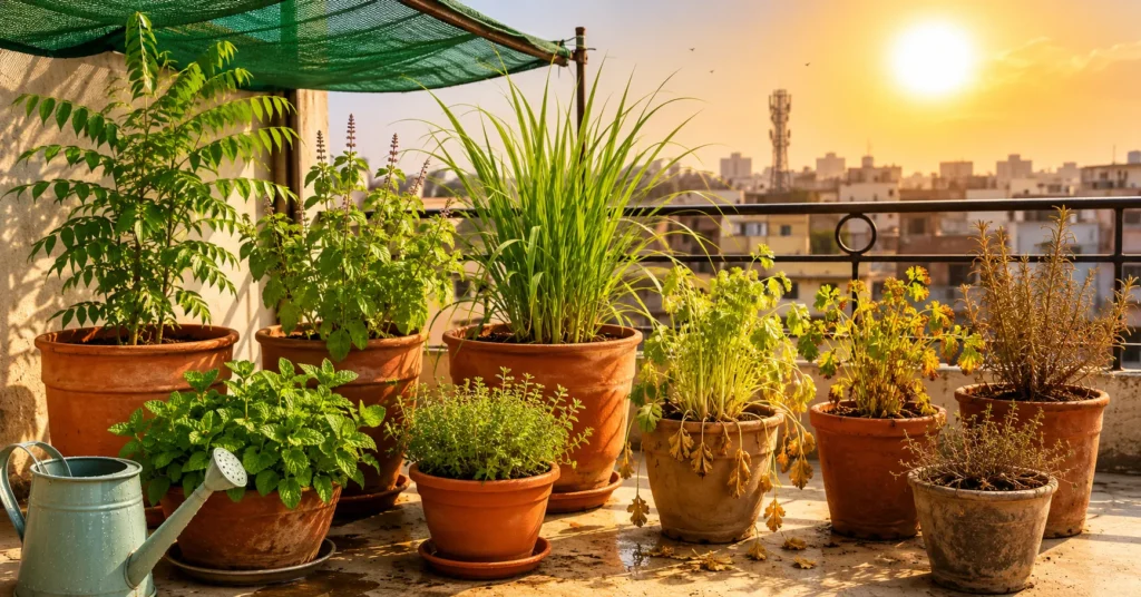 Herbs survive Delhi summer balcony test