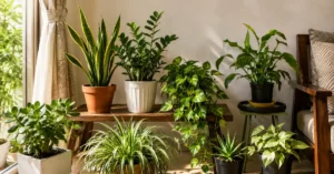 A collection of hard-to-kill indoor plants including a Snake Plant, ZZ Plant, Money Plant, Jade, and Spider Plant arranged beautifully in pots on a wooden bench inside a bright living room.