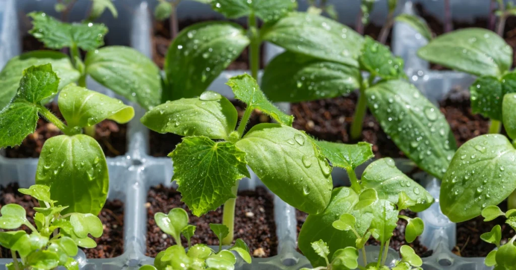 Healthy vegetable seedlings thriving after fixing issues with seeds not sprouting.