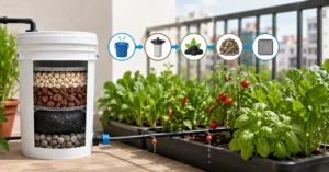 DIY high-mineral filter system connected to a balcony drip irrigation setup with healthy vegetable plants.