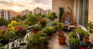 High-rise balcony plants and thriving container gardens on an apartment balcony overlooking an Indian city setup at sunset.