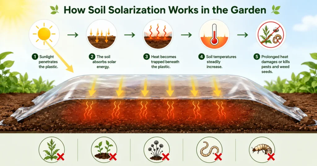 Soil solarization diagram showing heat trapped under clear plastic to control weeds and soil pests.