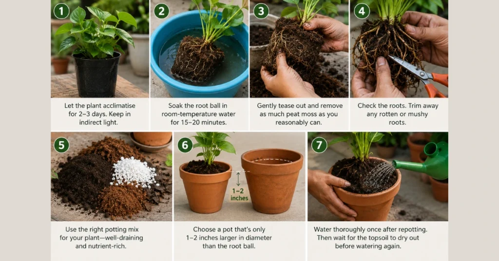 Collage showing the key steps of repotting a nursery plant, including soaking the root ball, removing peat moss, checking roots, choosing the right pot, and watering after transplanting.