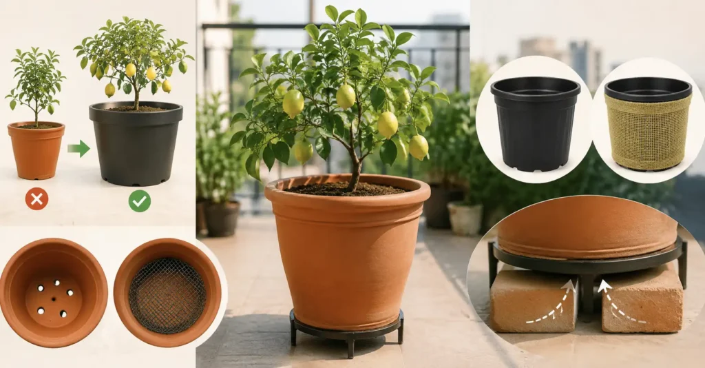 Kagzi lemon plant growing in a balcony pot with proper container size, drainage holes, mesh cover, and elevated stand for healthy root growth.