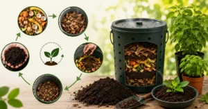 Home composting process with kitchen waste, dry leaves, aerated compost bin, finished dark compost, and healthy garden plants growing in nutrient-rich soil.