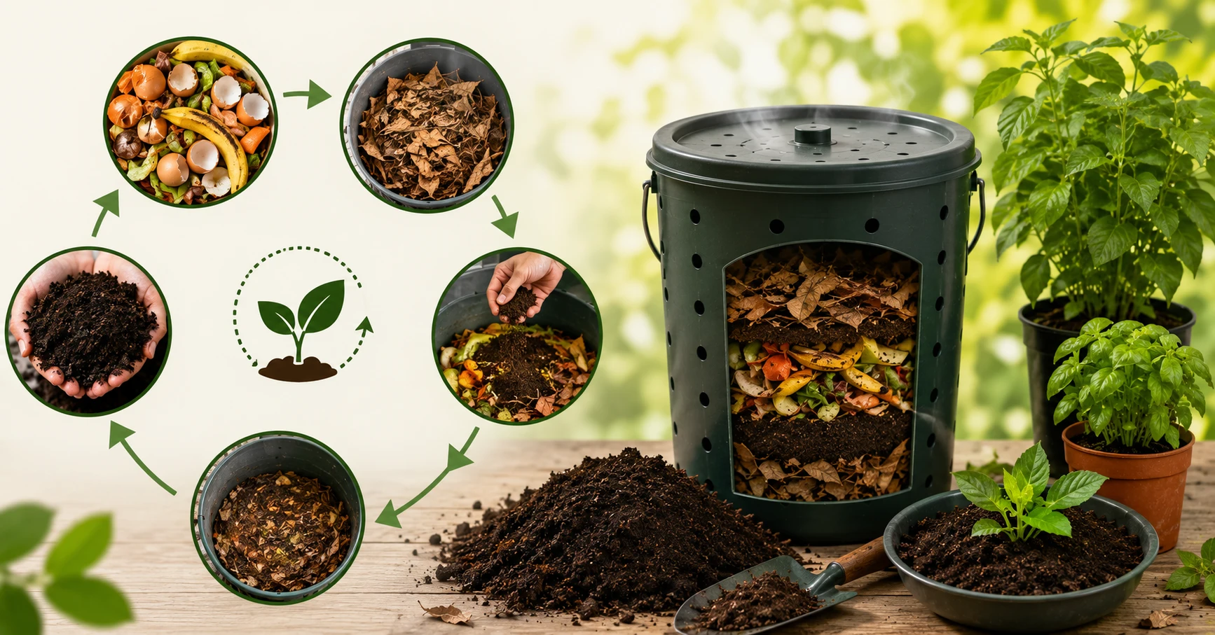 Home composting process with kitchen waste, dry leaves, aerated compost bin, finished dark compost, and healthy garden plants growing in nutrient-rich soil.